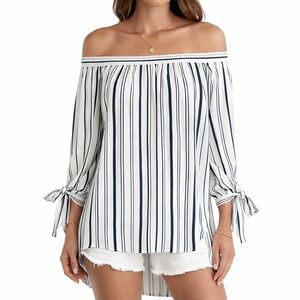 Verte Women's Off Shoulder Striped Blouse Navy White Tie Sleeve Top ‎ Size M